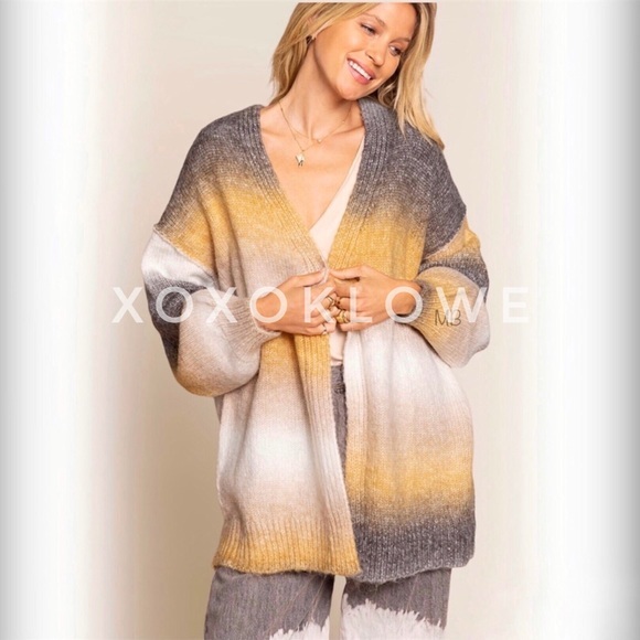 POL Gray Yellow Stripe CardiganOpen Front Relaxed Fit...